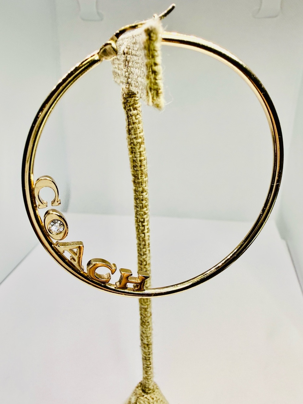 Coach Logo Script Pierce Hoop Earrings Gold-Tone & Clear Rhinestone - Picture 9 of 12